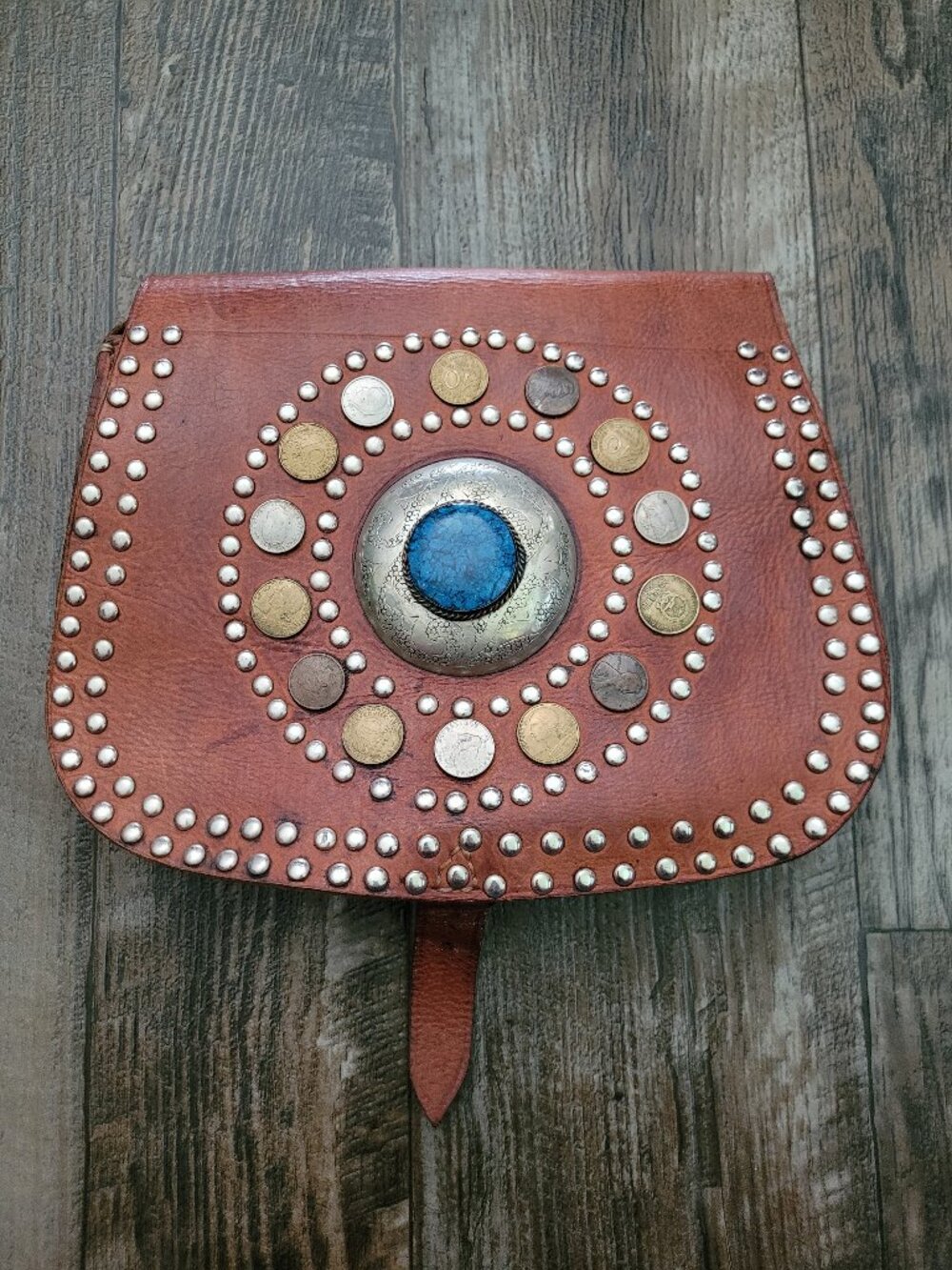 Moroccan Boho Leather Studded World Coin and Jewel Crossbody Bag